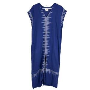 MIRTH Women OS Sabi Kaftan Dress Blue Maxi V Neck 100% Cotton Front Slits Boxy